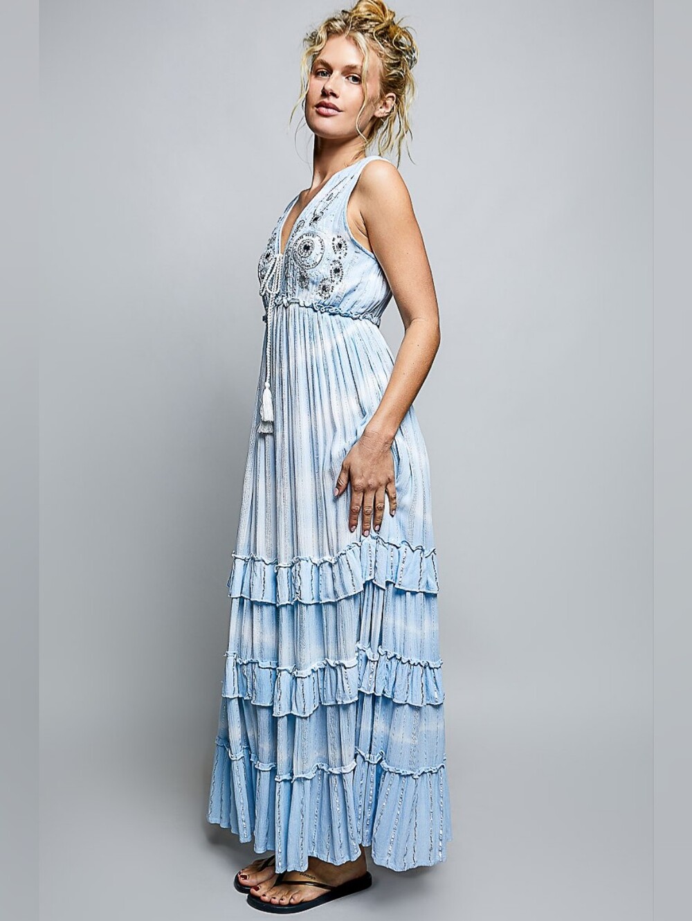 New POL Bohemian Sleeveless Sequin Tassel Ruffled Maxi Dress Sky Blue Size S/M/L - Picture 4 of 6